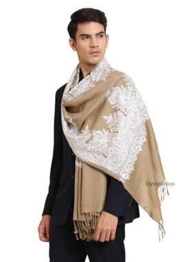 Embroidered Wool Scarf Stole Men Floral Party Wear Shawl 28x80